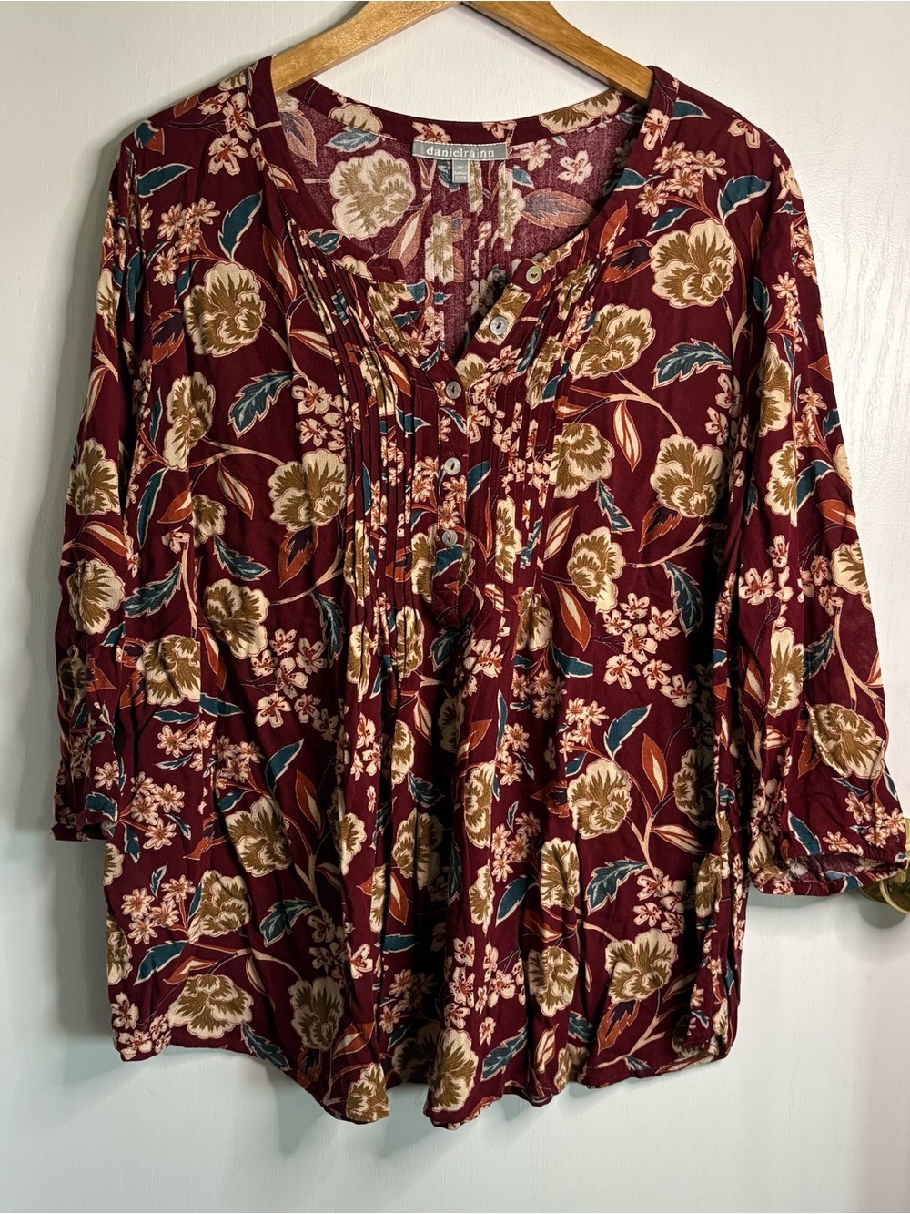 Daniel Rainn Sz 2X Floral Pintuck Tunic 3/4 Sleeves Buttons Dark Romantic Boho